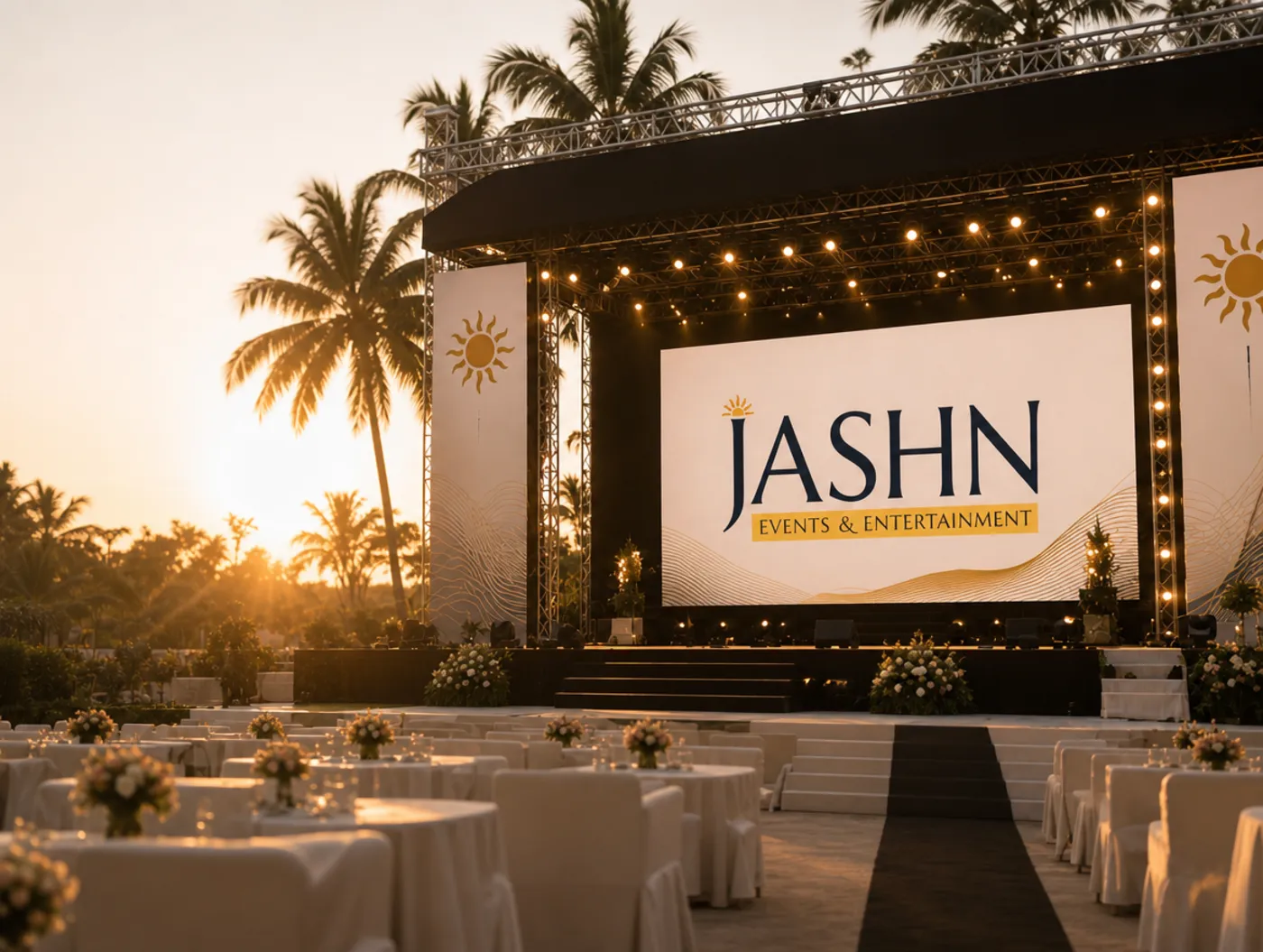 AI-generated golden-hour stage among palm trees, the JASHN Events & Entertainment wordmark on the screen, with round tables and a red carpet aisle in the foreground