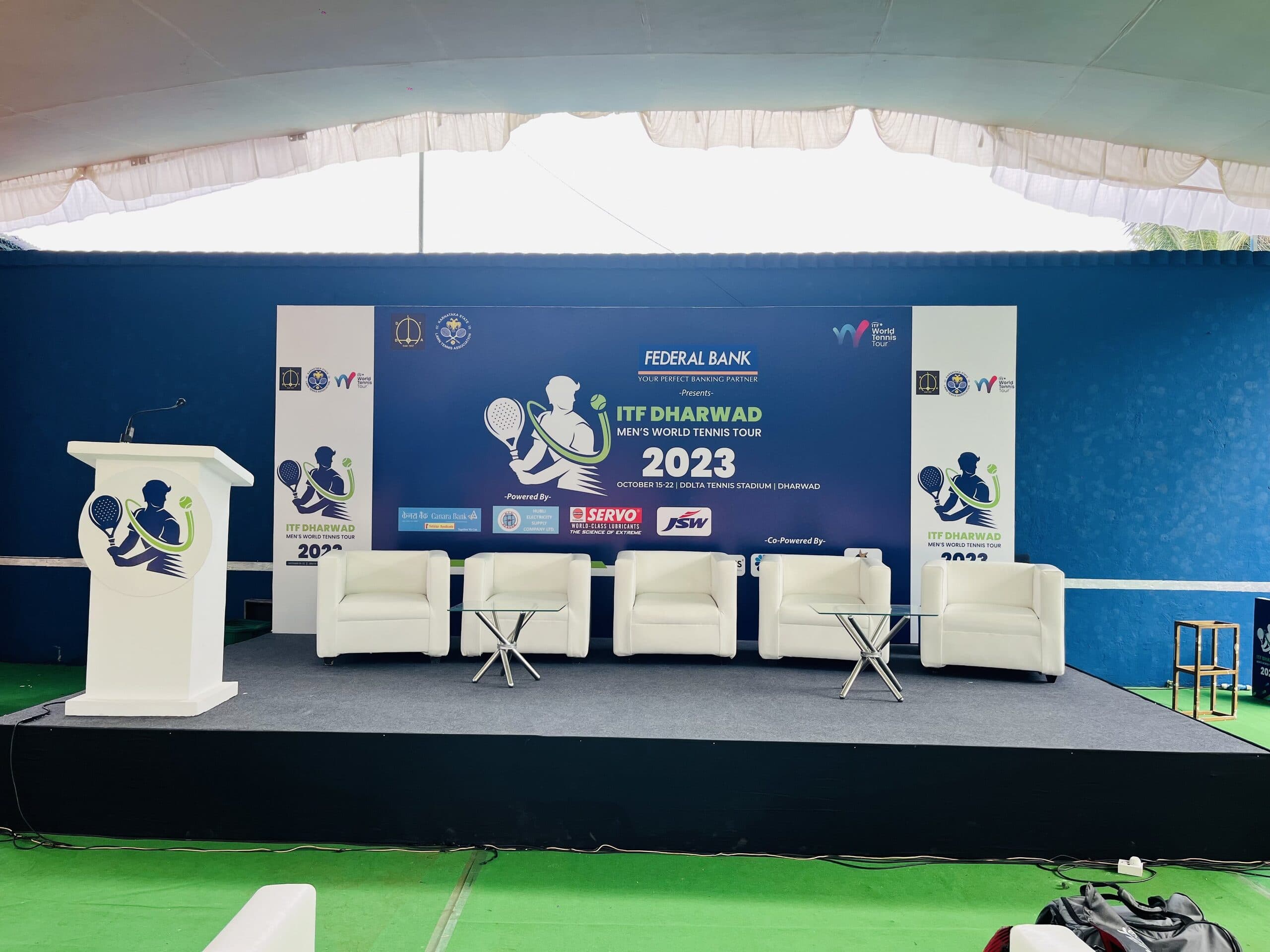 Empty panel stage prepared for ITF Dharwad speakers