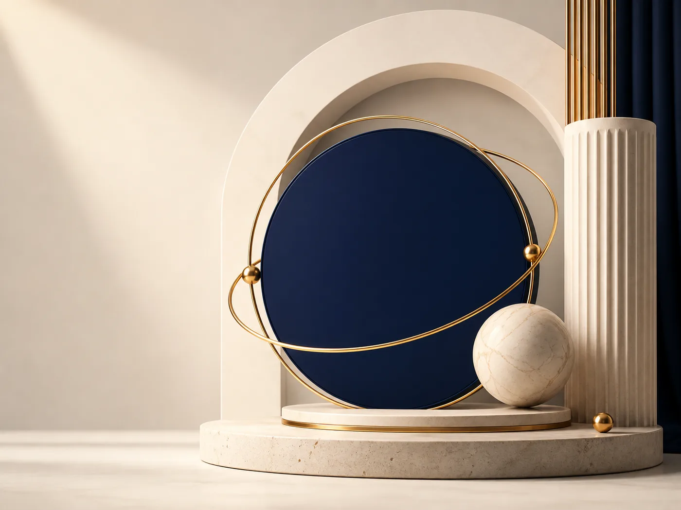 A navy circular event stage framed by ivory stone and gold rings