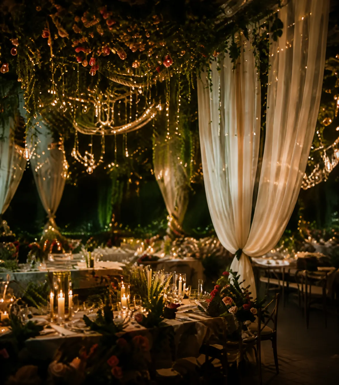 Candlelit reception tables beneath chandeliers and ivory drapery