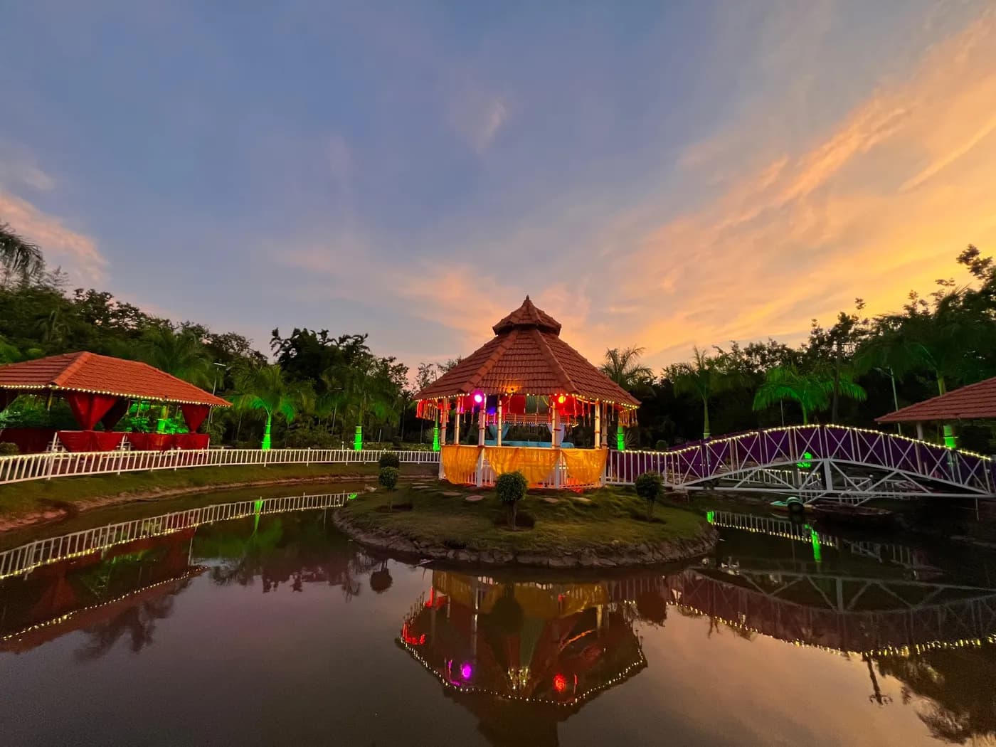 Lakeside pavilion at sunset