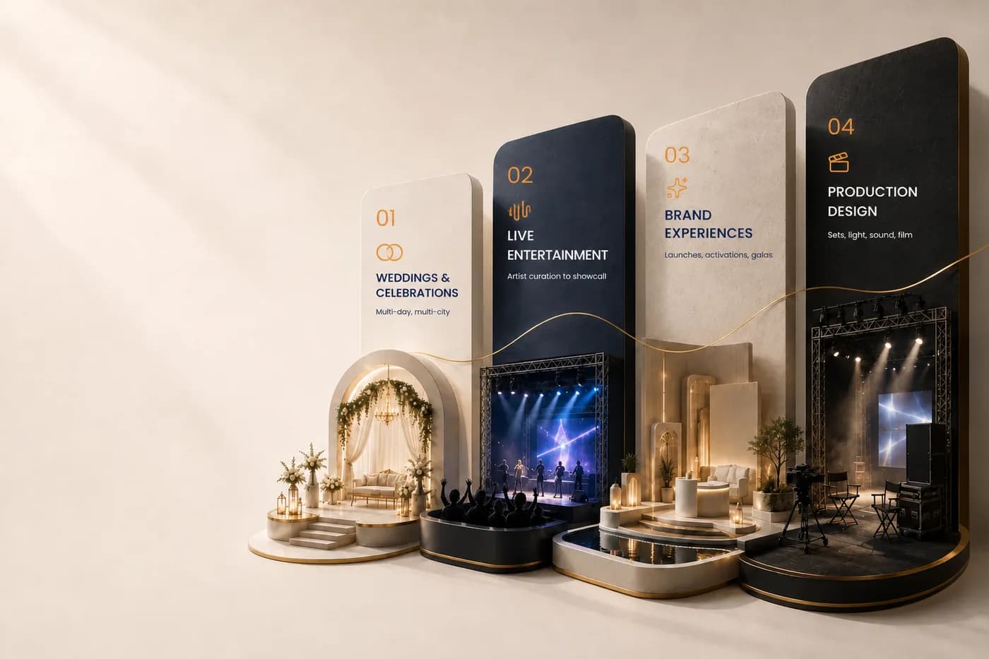 Four miniature sets side by side — a floral wedding mandap, a lit concert stage with a crowd, a brand lounge beside a reflecting pool, and a film rig under truss lighting — each beneath a numbered plate
